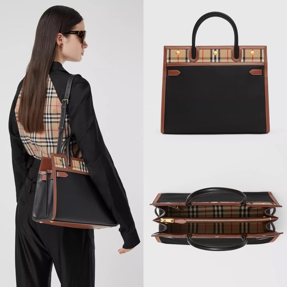 Burberry Handbags - Burberry Leather and Vintage Check Small Two-handle Title Bag in Black